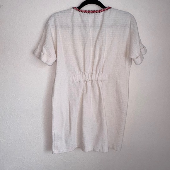 Zara TRF White Textured V-Neck Tunic Dress Braided Trim Red Navy Blue Small - Picture 3 of 10